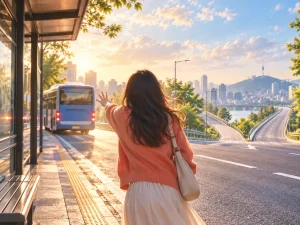 아침 정류장에서 떠나는 버스를 바라보는 사람을 그린 버스를 놓치는 꿈 이미지