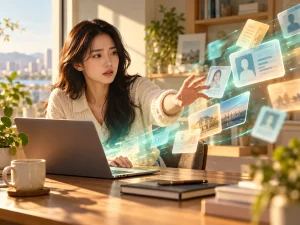 밝은 책상에서 노트북 화면의 개인정보가 흩어지는 모습을 바라보는 사람