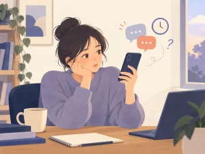 카톡 답장을 기다리며 휴대전화를 보는 사람의 일러스트