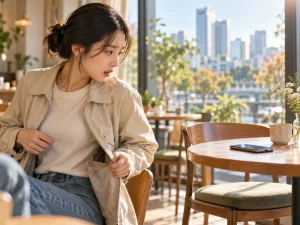 햇빛 드는 카페에서 휴대폰을 찾으며 주머니를 살피는 사람